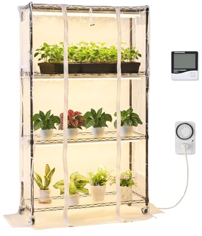 VEVOR Serre Intérieur avec Lampe de Croissance, Support Plantes 4 Niveaux, 150 cm, 180 W, avec Housse Transparente, Minuterie, Hygromètre, Lampes Spectre Complet, Étagère Plantes pour Pots de Fleurs