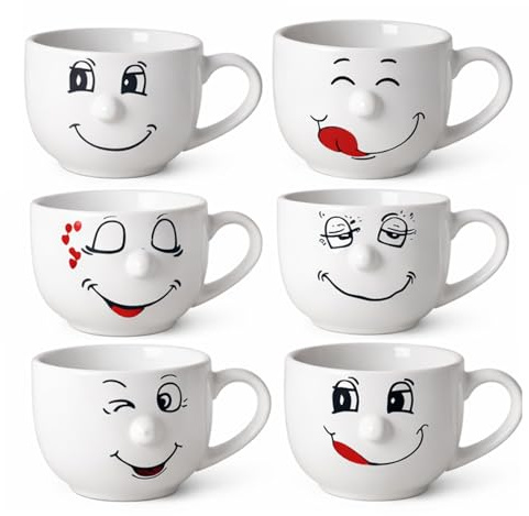 MundoTarros Set de 6 Tazones de Cerámica con Caritas Divertidas, 450 ml, Blanco con Detalles en Negro y Rojo, Diseño 3D en Relieve, Aptos para Microondas y Lavavajillas, para Desayuno, Sopa y Cereales