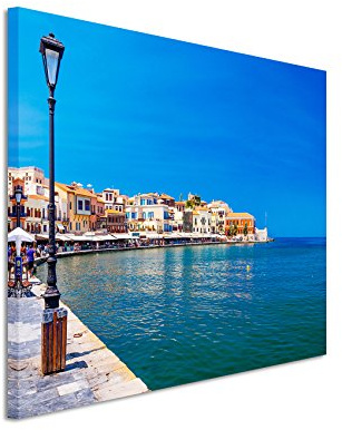 Paul Sinus Art XXL Fotoleinwand 120x80cm Landschaftsfotografie – Hafen in Chania, Kreta, Griechenland auf Leinwand exklusives Wandbild moderne Fotografie für ihre Wand in vielen Größen