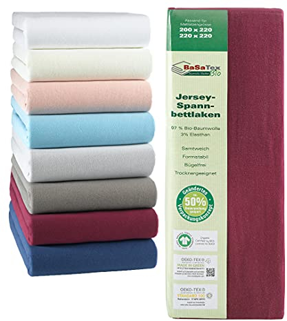 BaSaTex Bio Jersey Premium Spannbettlaken | Spennbetttuch für Wasserbetten und Boxspringbetten | 97% Baumwolle GOTS Zertifiziert + 3% Elasthan | 200x220-220x220 + 42cm Steghöhe | Farbe: Bordeaux