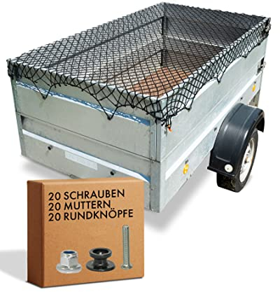 DPStore® Anhängernetz dehnbar von 1m x 2m auf 2m x 3m - schwarz - Anhänger Netz mit extra Eckmarkierungen + Planenhaken + umlaufendem Gummiband