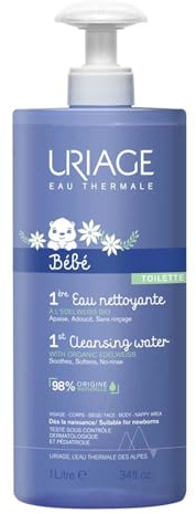 Uriage Bébé Eau Nettoyante sans Rinçage à l'Edelweiss Bio - Nettoie, Apaise et Adoucit la Peau Délicate de Bébé - Pompe Ultra-Pratique - Sans Savon - Visage & Corps - pH Physiologique - 1L