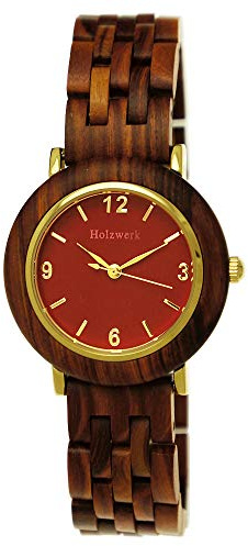 Holzwerk Germany Handgefertigte Designer Damen Uhr Öko Natur Holzuhr Braun Gold Rot Holz Armband Analog Klassisch Quarz