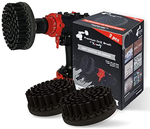 Kornely Premium Drill Brush Professional – Ultra-Stiff 13 cm Black Set of 3 | Scratch-Free Heavy-Duty Cleaning Brush for Concrete, Brick, Stone, Metal, Garage, BBQ Grills, Rust and Construction Tools