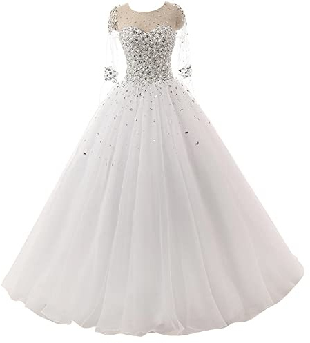 Hochzeitskleid Prinzessin Tüll Glitzer Perlen Langarm Damen Brautmode Brautkleid A-Linie Lang Weiß 34