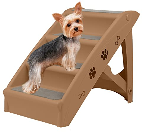 LZQ Hundetreppe Katzentreppe für Kleine Hunde Klappbar PP-Kunststoff Haustiertreppe 50cm Hoch mit Rutschfesten Stufen Hunderampe Sofa für Hunde und Katze zum Klettern und Kratzen, Braun