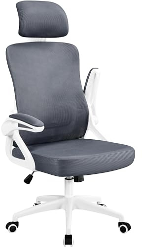 Yaheetech Computer Desk Chair Home Office Chair Ergonomic Swivel Chair with Arms and Height Adjustable Back Support for Home Study or Manager Work White/Grey