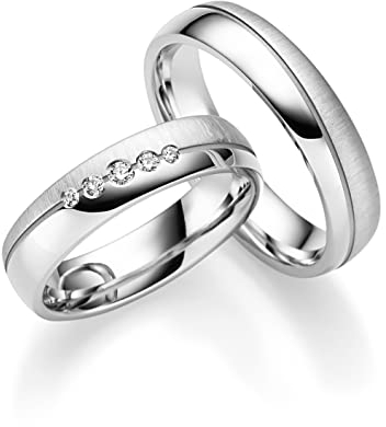 JC Trauringe | Paarpreis | Eheringe 925 Sterling Silber Rhodiniert | 5 Zirkonia Steine Nickelfrei Made in Germany Partnerringe Freundschaftsringe Gratis Gravur + Etui | ICT237