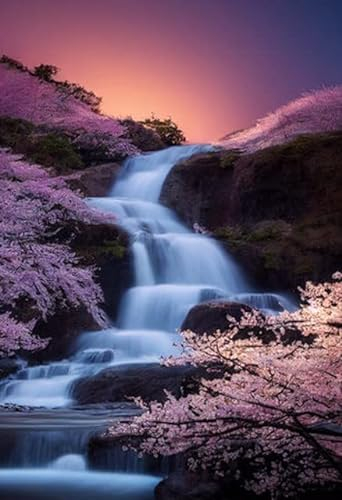 adrium Acryl-Bild 30 x 40 cm: Wasserfall mit Blütenkirsche wie Sakura-Blume im Wald. 2D-Darstellung. (191557299)