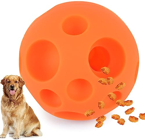 Evan Dog Toy Balls, 5 Inch Treat Tricky Ball Food Dispensing Toys Tricky Fun Interactive Dog Toy Food Dispenser Toy Puzzle Toy Ball Dog Chew Toys Ball for Large Medium Slow Feeder Dog Bowls（Orange）