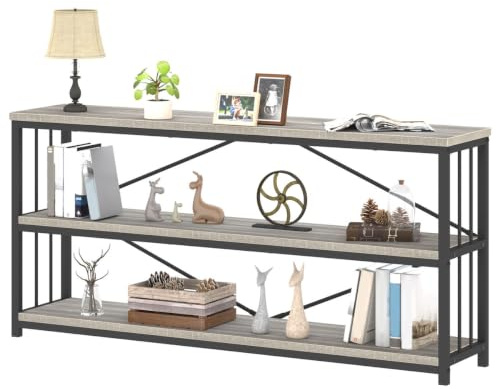 IBF Low Long Horizontal Bookshelf, Industrial Modern 3 Tier Etagere Bookcase, Large Wide Open Rustic Metal and Wood Grey Book Shelf for Bedroom Living Room Home Office Storage, Light Grey Oak, 63 Inch