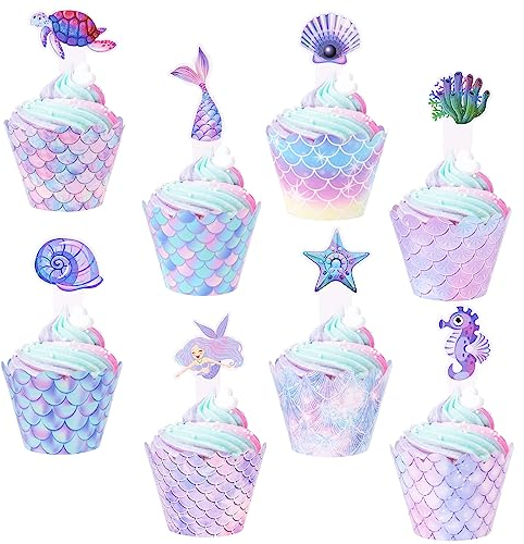 Opopark Meerjungfrau Tortendeko,48 Stück Mermaid Cake Toppers Kuchen Deko Kinder Frauen Geburtstag Deko für Cupcake Toppers Wrappers Meerjungfrau Thema Party Dekoration