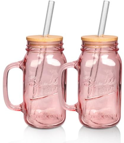ANOITON Tumbler with Handle & Straw, 24 oz Mason Jars with Handles, Drinking Glasses - Pink Glassware with Lids & Straws - Perfect Pink Gifts for Women