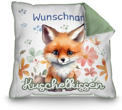 PR Print Royal Personalisiertes Kuschel-Kissen für Kinder mit Füllung - mit Name selbst gestalten - Fuchs Kissen für Mädchen und Jungs, Kinderkissen mit Name | 40 x 40 cm, Rückseite Grün