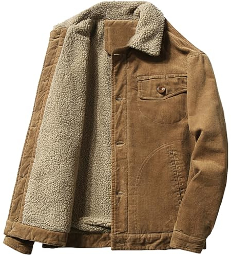 Juneyou Giacca da uomo in velluto a coste con colletto rialzato, foderato in sherpa, caldo cappotto con tasche, Caff, M