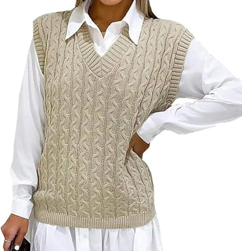 Women's Ladies Cable Knit Sleeveless Vest Knitted Jumper V Neck Tank Top Chunky Sweaters Pull Over Casual Plus Size 8-22 UK (Stone, 8-10)