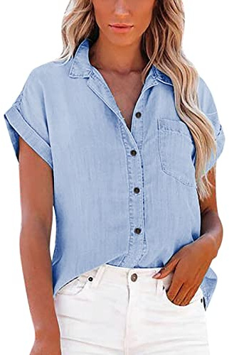 OBiQuzz Camisa vaquera para mujer, cuello de pico, blusa vaquera, manga corta, suave, vaquera, informal, chaqueta vaquera, chaqueta vaquera, camiseta de verano con bolsillos en el pecho, camisas