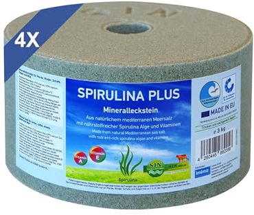 imima Salzleckstein Pferd SPIRULINA Plus Set 4 x 3kg - Mineralfutter Pferde mit Spirulina auf Meersalz Basis ohne Melasse - Pferdezubehör für Lecksteinhalter - Mineralleckstein Pferd Leckstein Pferd