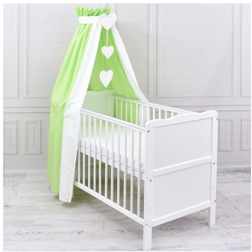 Generisch Baby Delux Babybett Himmel Betthimmel Baumwolle Baldachin für Babybett Kinderbett Wiege Stubenwagen Himmelstange Applikationen Herz Deko (Grün, mit Himmelstange)