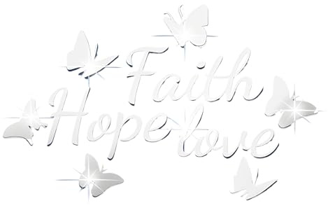 Desuibao Wandaufkleber, Motiv: Glaube, Hoffnung, Liebe, 3D-Acryl-Spiegel, Schmetterling, Glaube, Hoffnung, Liebe, Wandaufkleber, abziehen und aufkleben, Motivationsbuchstaben, Wandsprüche, Silber