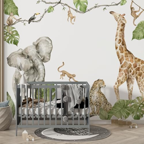 Unik Nordic Wandsticker Safari Aquarell Motiv C, XL - 75 x 130 cm, Aufkleber für die Wand, Wandtattoo rückstandslos entfernbar, Wanddekoration für Kinderzimmer und Babyzimmer, Wandaufkleber Tiere