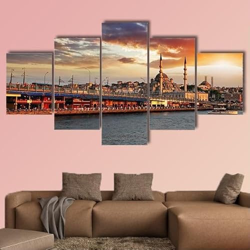 FatAco 5 Stück Wandkunst Leinwanddrucke Istanbul bei dramatischem Sonnenuntergang Bild Malerei Moderne gestreckt gerahmte Wand Kunstwerk für Badezimmer Home Office Decor