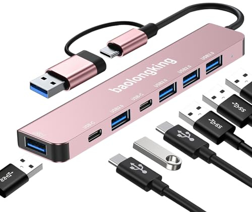 Adaptador HUB 7 en 1, concentrador USB C con 2 puertos de datos USB-C, USB 3.0 y 4USB2.0, adaptador multipuerto USB C portátil, para tablet, portátil, PS5/PS4, interruptor, impresora, ventilador USB
