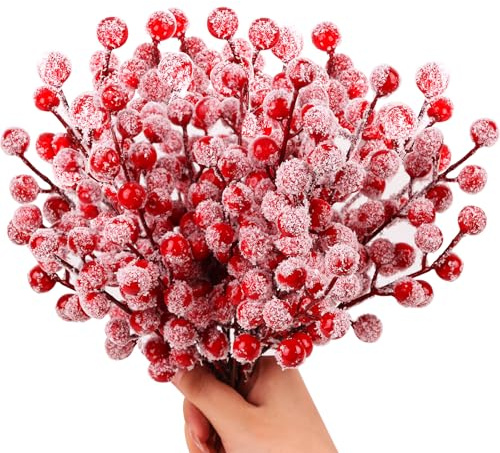 FOIMAS Snow Frosted Artificial Red Berry Stems,24 Pack Christmas Berry Spray Picks Holly Berries Branches for Christmas Tree DIY Craft Home Decoration