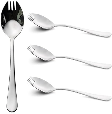 Alata Sporks, 4-Pack Food-Grade Stainless Steel Sporks, 7.4 inch Long Handle Salad Forks for Dessert, Ice Cream, Salad, Soup, Pasta, Spaghetti, Dishwasher Safe