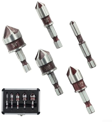 82-Grad-Senkerbohrer-Set mit Koffer, 5-Nut-Fasenwerkzeug, Größen 1/4, 3/8, 1/2, 5/8, 3/4 Zoll