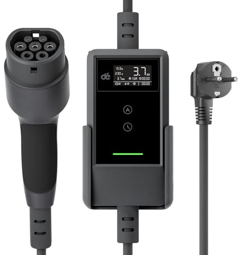 dé Charging Cable Electric Car Type 2 Schuko 3.7 kW [15 m, 6-16 A] EV Charger with Cable Holder and Digital LCD - EV Charger for E Car Model 3/Y, ID.3/4/5, MG4, Q4, GLA, Zoe and Other PHEV/EV