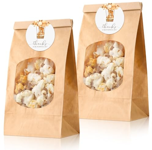 MotiMind 24 Set Bear Baby Shower Popcorn Bags with Window 6.7 x 3.5 x 2.4 Inch, Tin Tie Tab Lock Treat Paper Bag with Thanks for Popping by Sticker Party Favors for Bakery Candy Cookie Storage