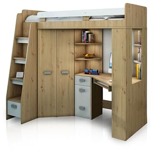 FurnitureByJDM Hochbett mit Schreibtisch, Schubladen, Regalen | Kleiderschrank - 80x200 cm Bettgröße - Linksseitige Treppe – ANTRESOLA (Artisan Oak/Weiß)