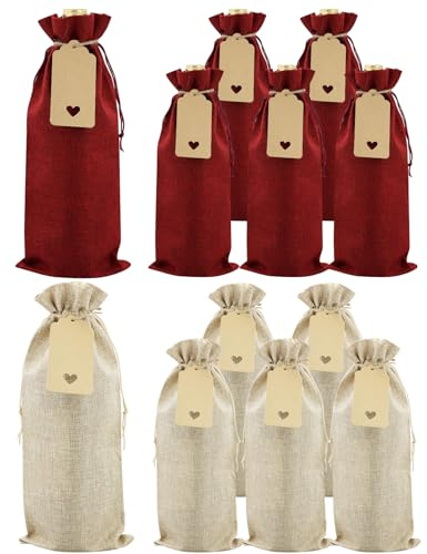 12 Stück hochwertige Jute Weinbeutel und 12 Stück Geschenkanhänger, Wiederverwendbare Sackleinen Wein-Geschenkbeutel, Weinflaschenbeutel, Weinbeutel für Hochzeit, Party, Blindverkostung