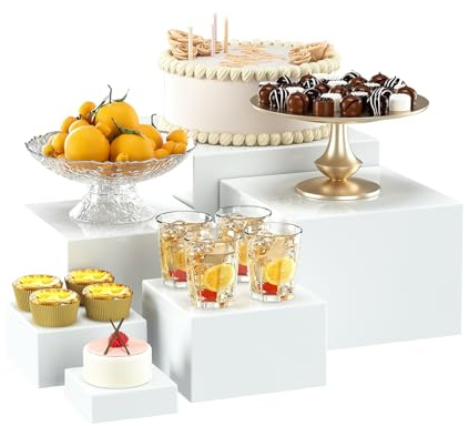 OKBHTS 6 Pcs White Display Stands for Food and Cake, Buffet Risers, Acrylic Display Boxes, Tiered Plinth Stands.(Standard Size, White)