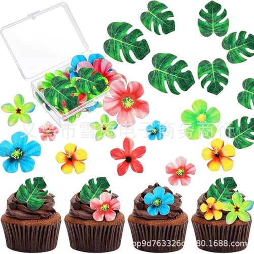 78 Pcs Edible Flowers Cake Decorations Tropical cake topper Hawaiian Birthday Party Decoration for Tropical Luau Summer Party Wedding