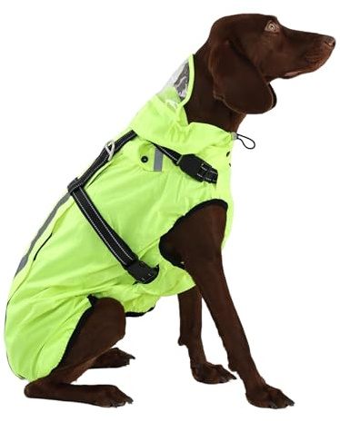 OUOBOB Hunderegenmantel wasserdicht, Regenjacke mit reflektierenden Streifen, H-Brustgeschirr (D-Ring) & Abnehmbarer Kapuze mit Visier, Ideal für große/Sehr große Hunde [Neon Grün, Größe 4XL]