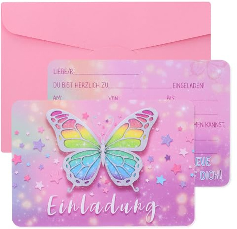 woric 12x Einladungskarten Kindergeburtstag Mädchen mit Umschläge | Einladungskarten Schmetterlingen Einschulung Geburtstagseinladungen Kinder mit Umschläge Partyeinladungen Mädchen