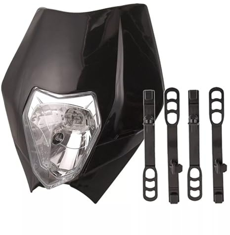 Générique Masque de Phare Avant Universel Carénage Noir V-Face pour Moto Cross Enduro Tout-terrain Tete de Fourche Phare Intégré 12V 35W Feux de Route + Feux de Croisement