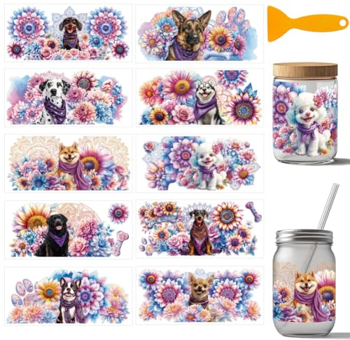arricraft 10 fogli di pellicola protettiva per bicchieri da 473,6 g, motivo cane girasole UV, adesivi trasferibili in PVC per tazze fai da te e mobili in legno, 24 x 11 cm