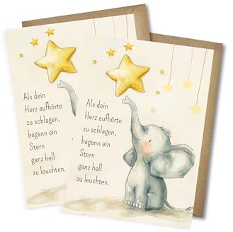 WBdesignz 2er-Set Trauerkarten mit Stern & Elefant – liebevolle Kondolenzkarten mit Spruch – Erinnerungskarte für Kinder, Sternenkinder & stille Anteilnahme - mit Umschlägen - DIN A6 (2er-Set)