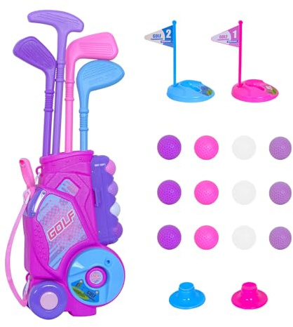 Nattork Toddler Golf Set for Boys Girls Aged 1 2 3 Years Old, Upgraded Kids Golf Cart with 4 Clubs & 12 Balls, Outdoor Indoor Sports Toy Birthday Gift, Rose