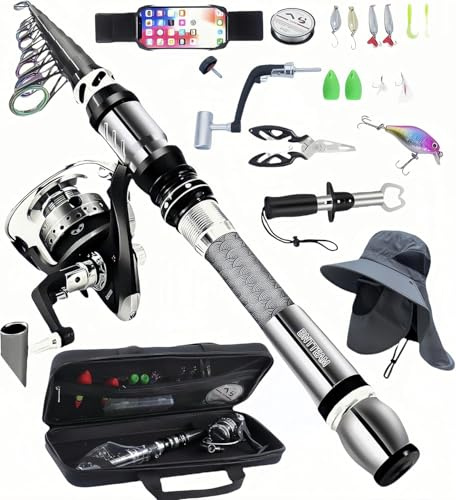 BNTTEAM Nuova Portatile Canna da Pesca 99% Fibra di Carbonio con Punta Fluorescente Della Canna,Telescopico Super Hard Ultralight Palo da Pesca per Surf (Completo Kits-A, 2.1M/82.6in/6.88ft)