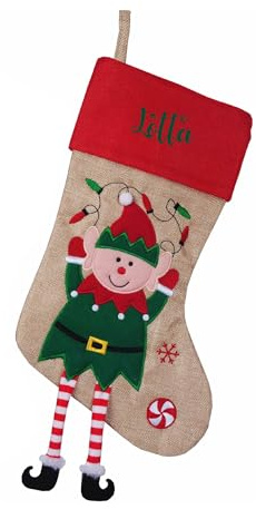 minimutz Nikolausstrumpf mit Namen Kinder - personalisierter Weihnachtsstrumpf zum Aufhängen & Befüllen - Nikolausstiefel mit hängenden Füßen 45cm (Jute Elfe)