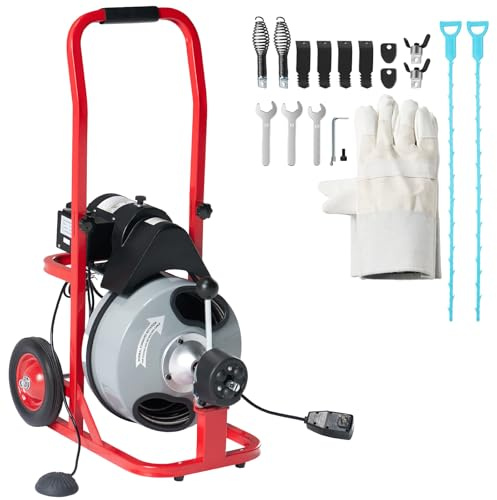 Albott 75 FT x 3/8 inch Electric Drain Cleaner Machine with Auto-Feed & 10 Cutters, Sewer Snake Auger for 1–4 Inch Pipes, Foot Switch & Wheels, Ideal for Commercial & Home Use, Gray/Red