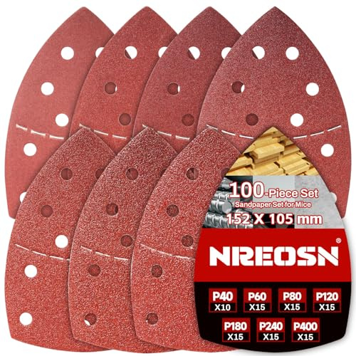Nreosn 100PCS Multi Tool Sanding Pads, Mouse Sander Pads 40/60/80/120/180/240/400 Grit Assorted Sanding Sheets, 152×105mm Hook & Loop Pads With 11-Hole Dust Extraction for Detail Sanders