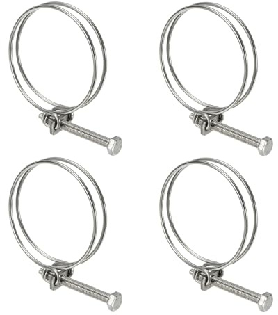sourcing map 4Pcs Double Wire Hose Clips 73-80mm Adjustable with M8 Screw | Adjustable, 304 Stainless Steel, Silver, Wire Pipe Tube Clamps, Plumbing Joint Fastener, for Dust Collection Pool Pond