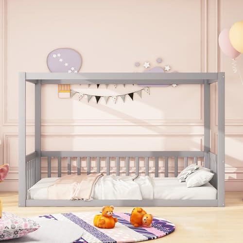 VIEKOS Kinder-Standbett 90x200cm, Himmelbett Massivholz Bettgestell für Kinder Jugendliche Grau