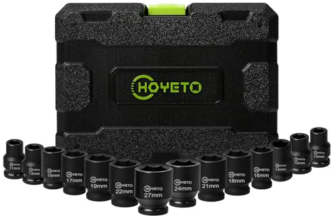 14 Piece 1/2 Drive Impact Socket Set - Metric Shallow 6-Point Sockets with Heavy Duty Storage Case for Workshop, Garage, Automotive Repair (10-27mm)