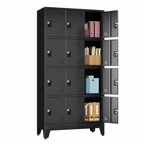 pozdeg Metal Lockers for Employees, 12 Doors Storage Locker with Business Card Holders and Adjustable Feet, Lockable Steel Cabinet for School, Gym, Office (Black) ﻿